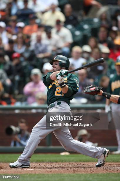 Andy LaRoche of the Oakland Athletics hitting during the game against the San Francisco Giants at AT&T Park on May 22, 2011 in San Francisco,...