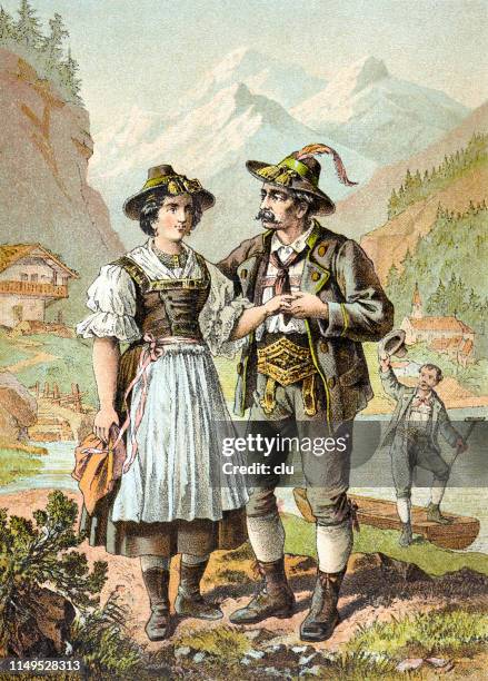 illustrations, cliparts, dessins animés et icônes de couples dans les vêtements traditionnels de la vallée de zillertal - vêtement traditionnel
