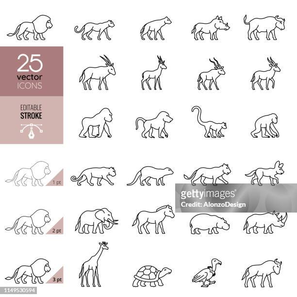 african animals icon set. editable stroke. - animal wildlife stock illustrations