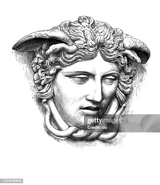 classical greek woman, head of medusa - medusa stock illustrations