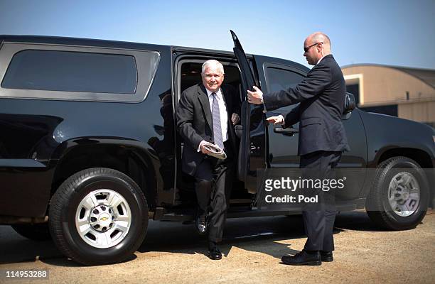 Secretary of Defense Robert Gates steps out of his limousine to board his aircraft May 31, 2011at Andrews Air Force Base in Maryland. Gates is...