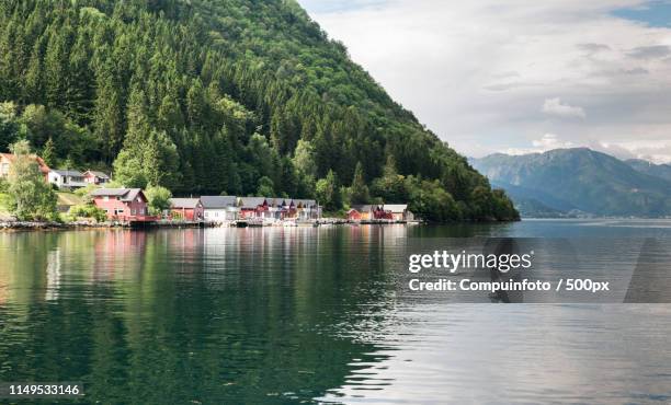 typical wooden houses at the sognefjord - vik stock pictures, royalty-free photos & images