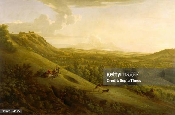 Box Hill, Surrey, with Dorking in the distance Box Hill Signed and dated in black paint, lower left: 'G[...]Lambert | 1733', George Lambert,...