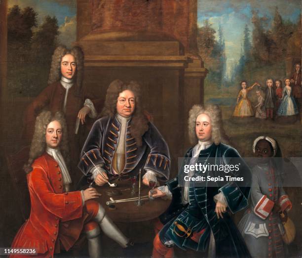 Elihu Yale, the 2nd Duke of Devonshire, Lord James Cavendish, Mr. Tunstal, and a Page, unknown artist, 18th century, British