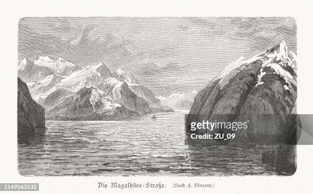 strait of magellan, wood engraving, published in 1897 - strait stock illustrations