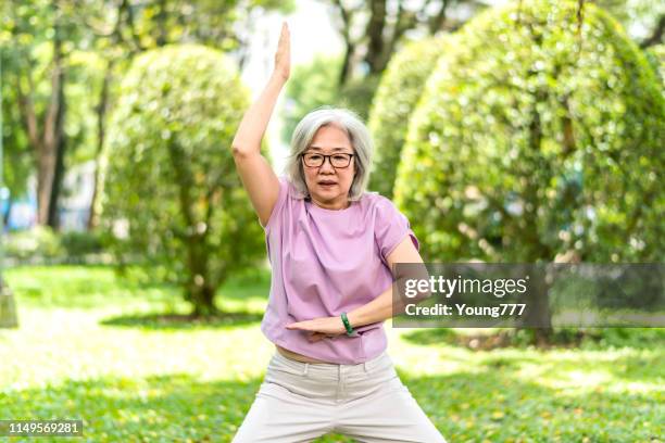 elderly asian woman playing in the park - woman and tai chi stock pictures, royalty-free photos & images