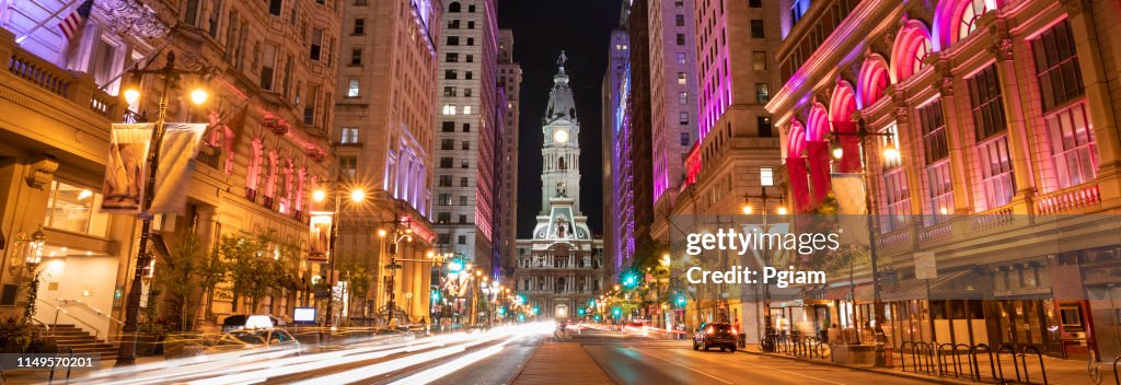 Philadelphia City Hall and clock tower panorama on Broad Street at night