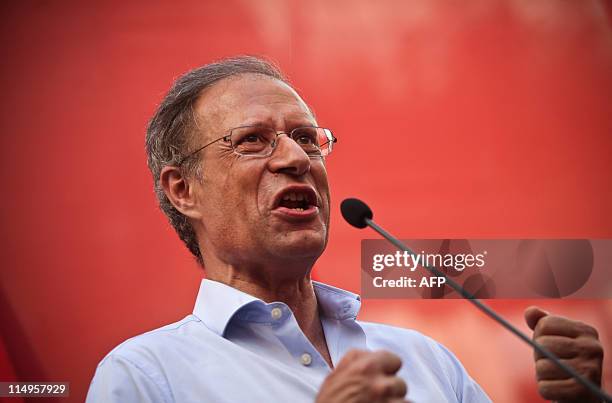 The leader of the left wing Bloco de Esquerda Party Francisco Louca speaks to his supporters on May 31, 2011 during a campaign visit in Lisbon ahead...