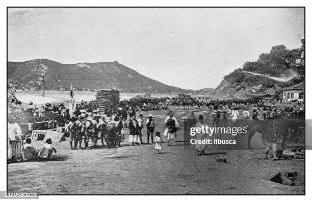 antique photo: landing of japanese troops on the beach at chemulpo, korea - korea war stock illustrations