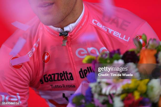 Podium / Valerio Conti of Italy and UAE - Team Emirates Pink Leader Jersey / Celebration / Trofeo Senza Fine / Trophy / Detail view / during the...