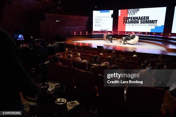 Moderater Miles Socha, Editor in Chief, WWD, Samuel Ross, Founder and Designer, A-Cold-Wall, and John Hoke, Chief Design Officer, Nike, take part in...