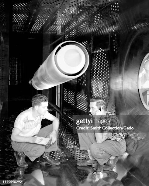 Technicians prepare a ramjet inlet for testing at the 8 x 6 Supersonic Wind Tunnel, John H. Glenn Research Center at Lewis Field, Cleveland, Ohio,...