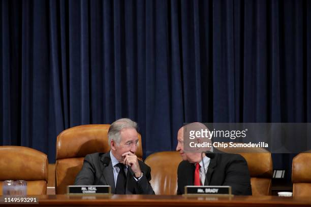 House Ways and Means Committee Chairman Richard Neal and ranking member Rep. Kevin Brady talk before a hearing on maternal mortality in the Longworth...