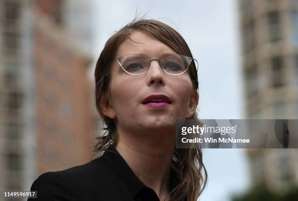 Former U.S. Army intelligence analyst Chelsea Manning addresses reporters before entering the Albert Bryan U.S federal courthouse to appear before a...