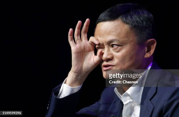 Chairman of Alibaba Group Holding Ltd. Jack Ma delivers a speech to participants during the 4th edition of the Viva Technology show at Parc des...