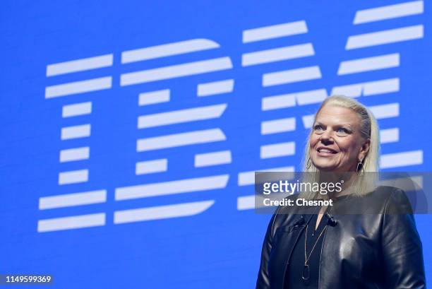 President and CEO Virginia Rometty delivers a speech to participants during the 4th edition of the Viva Technology show at Parc des Expositions Porte...