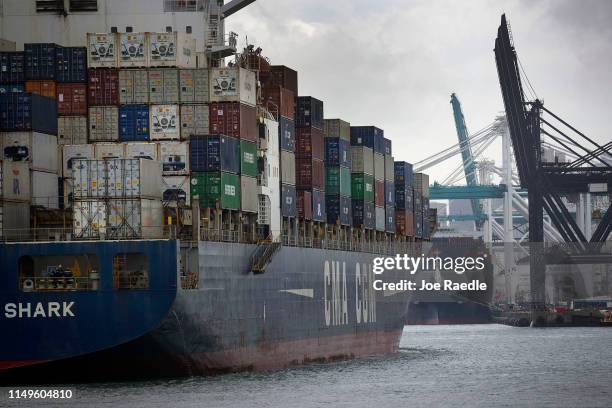 The CMA CGM White Shark cargo ship prepares to dock at PortMiami as the United States and China continue their trade war on May 16, 2019 in Miami...