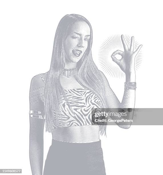 woman making ok hand sign and flirting - biting lips stock illustrations