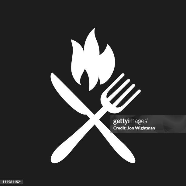 fire with utensils - flat design bbq - barbecue icon - backyard fire stock illustrations