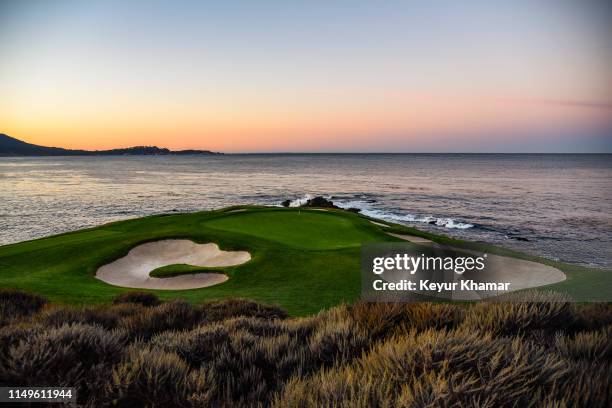 General view of sunrise on the seventh hole during previews for the 2019 U.S. Open at Pebble Beach Golf Links on November 8, 2018 in Pebble Beach,...