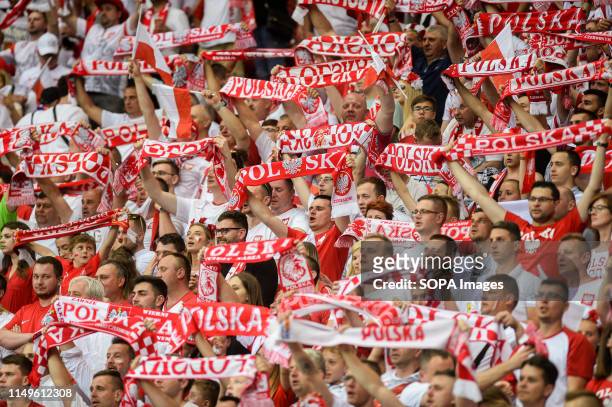 Polish supporters are seen during the Euro 2020 Qualifiers match between Poland and Israel. .