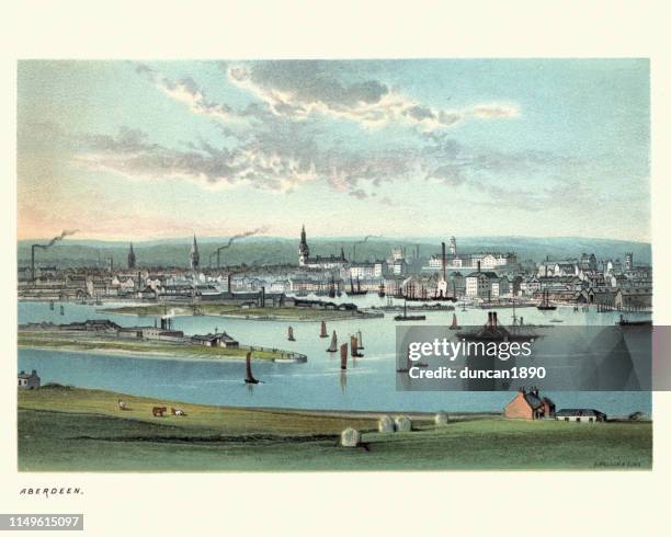 view of victorian aberdeen, scotland, 19th century - aberdeen scotland skyline stock illustrations