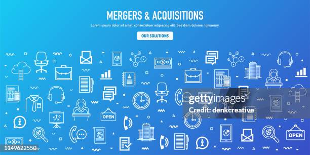 mergers, acquisitions & divestitures outline style web banner design - integrated marketing strategy stock illustrations