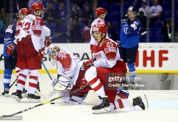 Oliver Lauridsen of Denmark reacts during the 2019 IIHF Ice Hockey World Championship Slovakia group A game between Finland and Denmark at Steel...