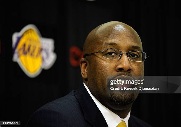 Mike Brown, the new head coach for the Los Angeles Lakers, speaks during his introductory news conference at the team's training facility on May 31,...