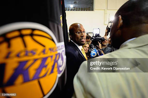 Mike Brown, the new head coach for the Los Angeles Lakers, speaks during his introductory news conference at the team's training facility on May 31,...
