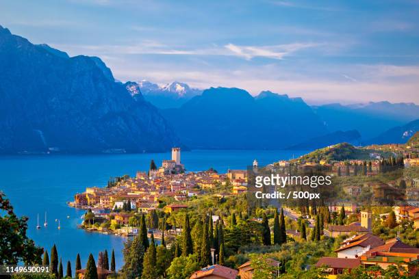 town of malcesine on lago di garda skyline view - malcesine stock pictures, royalty-free photos & images