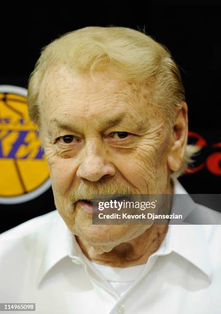 Jerry Buss, owner of the Los Angeles Lakers, is seen after Lakers new coach Mike Brown's introductory news conference at the team's training facility...