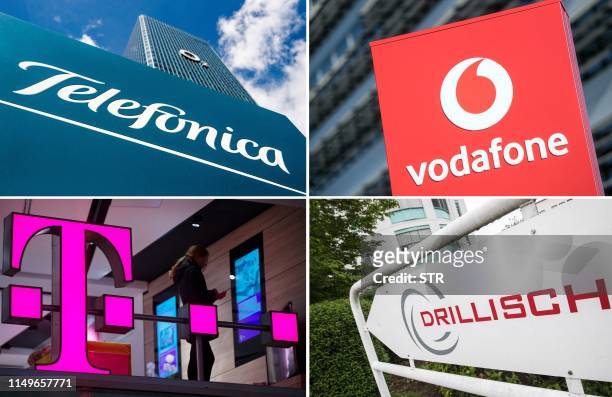 - This combination created on June 13, 2019 shows the logos of telecommunication companies who bought 5G frequencies in Germany Telefonica, Vodafone,...