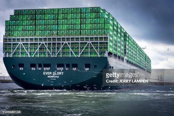 Taiwanese container transportation and shipping company Evergreen Marine Corporation new Cargo ship "Ever Glory" arrives on its maiden trip at the...