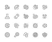 Set of bacteria, probiotic and virus line icons. Microbe, germ, cell, caviar, petri dish, immune system and more.
