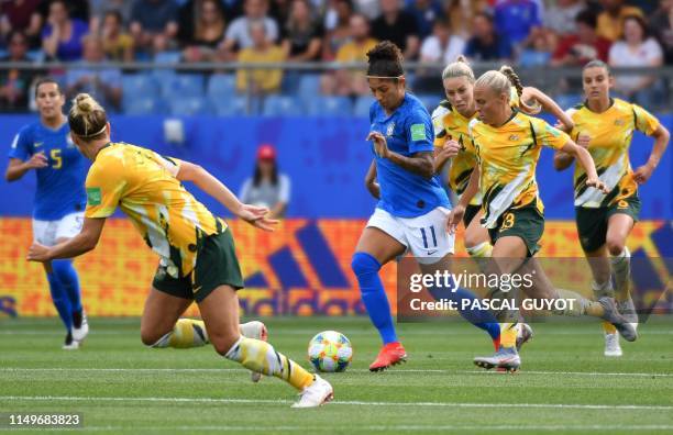 Brazil's forward Cristiane vies for the ball with Australia's midfielder Tameka Yallop during the France 2019 Women's World Cup Group C football...