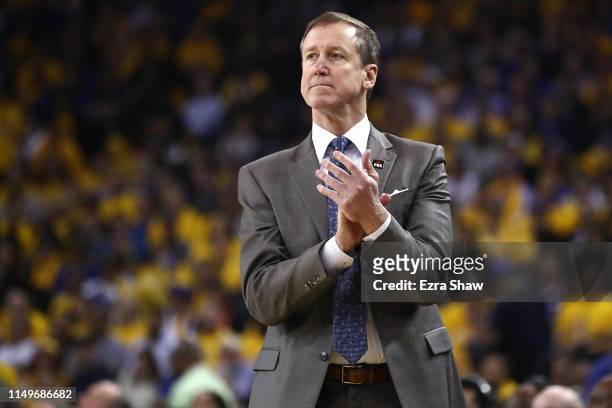 Terry Stotts of the Portland Trail Blazers looks on in game two of the NBA Western Conference Finals against the Golden State Warriors at ORACLE...