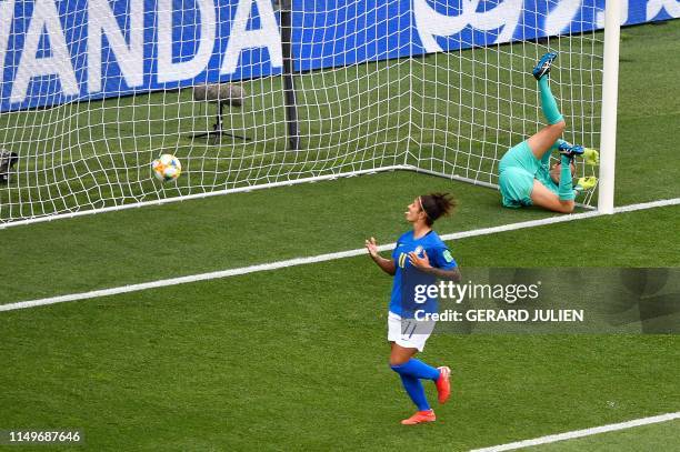Brazil's forward Cristiane reacts after scoring a goal during the France 2019 Women's World Cup Group C football match between Australia and Brazil,...
