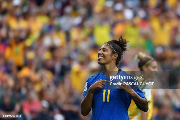 Brazil's forward Cristiane celebrates after scoring a goal during the France 2019 Women's World Cup Group C football match between Australia and...