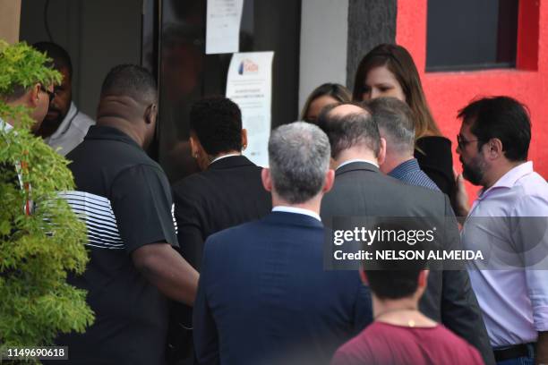 Brazilian football player Neymar arrives at the Women's Defence Precinct in Sao Paulo, Brazil on June 13, 2019 to testify after Brazilian Najila...