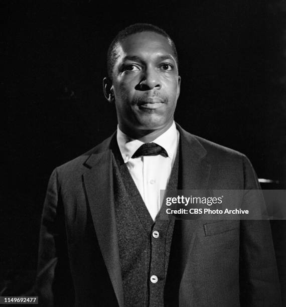The International Hour: American Jazz, originally broadcast on CBS television May 21, 1963. Pictured is Jazz saxonphonist, John Coltrane. Recording...
