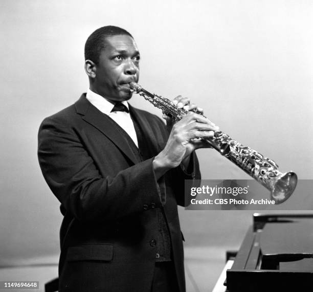 The International Hour: American Jazz, originally broadcast on CBS television May 21, 1963. Pictured is Jazz saxonphonist, John Coltrane. Recording...