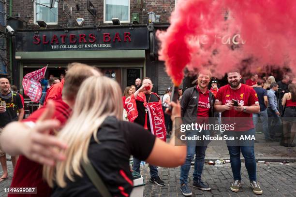 Fans of Liverpool party in the Concert Square area of Liverpool as they watch the UEFA Champions League Final between Liverpool and Tottenham Hotspur...