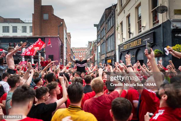 Fans of Liverpool party in the Concert Square area of Liverpool as they watch the UEFA Champions League Final between Liverpool and Tottenham Hotspur...