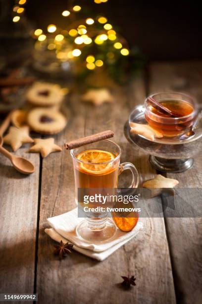 winter day hot tea drink still life image. - winter and warm glow stock-fotos und bilder