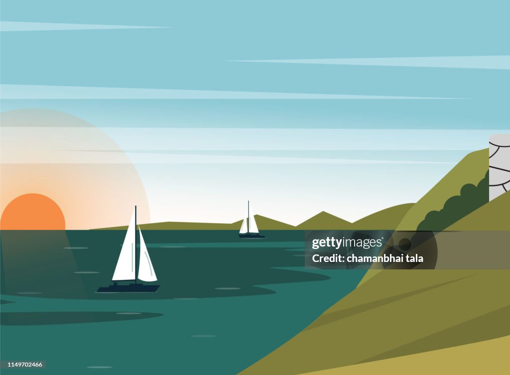 Sunset River & vissersboten vector