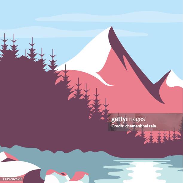 vector tropical rainforest jungle mountains with river - spring woods background stock illustrations