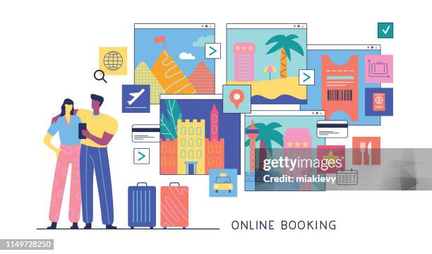 ilustraciones, imágenes clip art, dibujos animados e iconos de stock de reserva online - suitcase couple