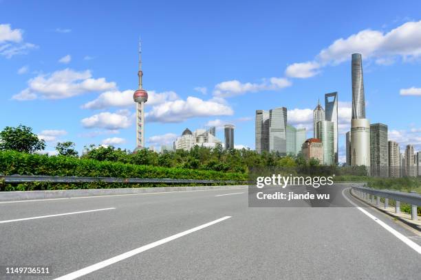 spacious urban roads under blue sky and white clouds - speed motion lines to the middle stock-fotos und bilder