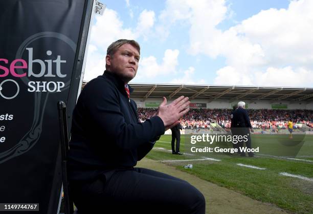 Grant McCann manager of Doncaster Rovers looks on during the Sky Bet League One Play-Off First Leg match between Doncaster Rovers and Charlton...